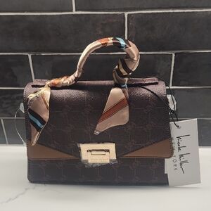 Nicole Miller Brown Satchel with Scarf Accent